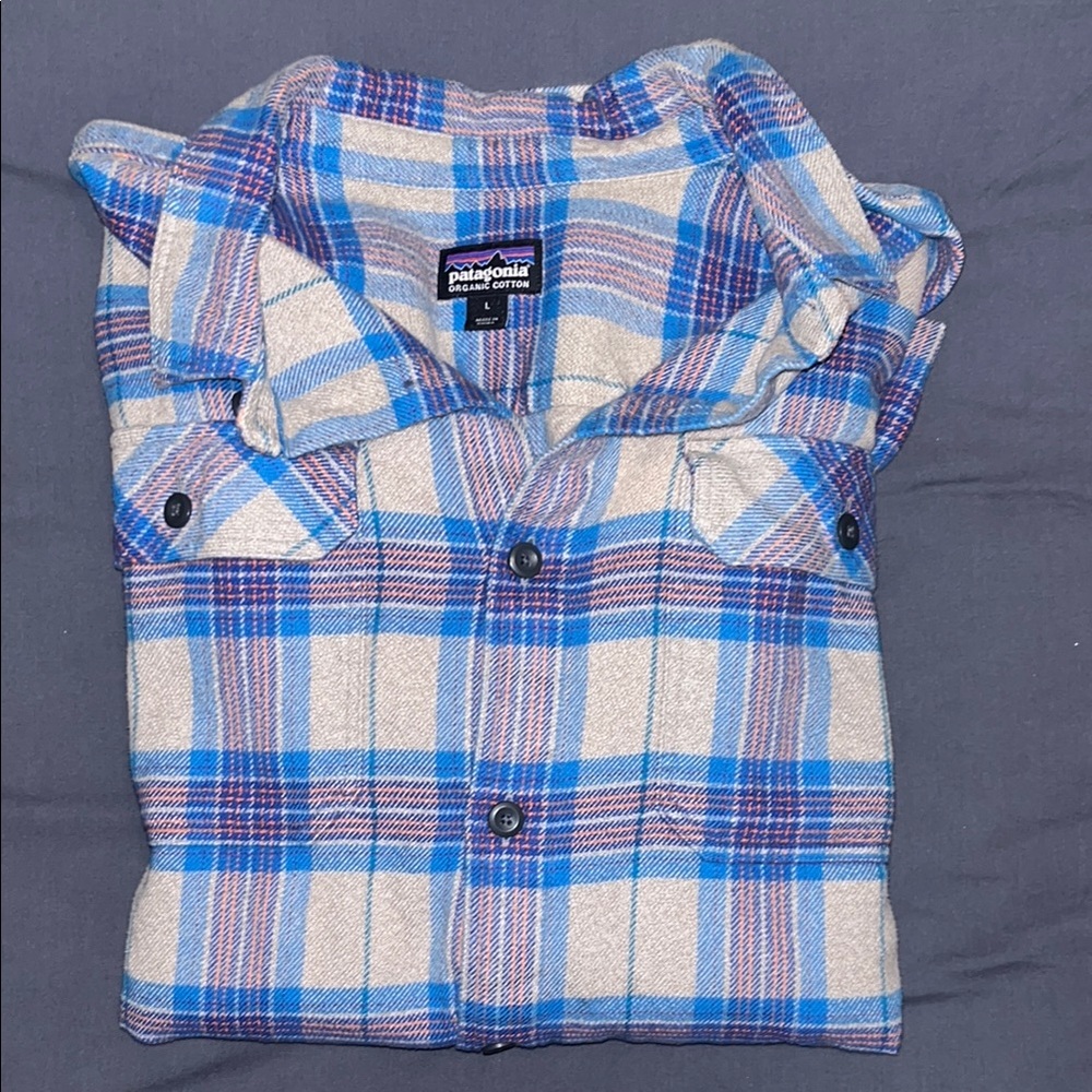 Blue and Cream Plaid Flannel Shirt